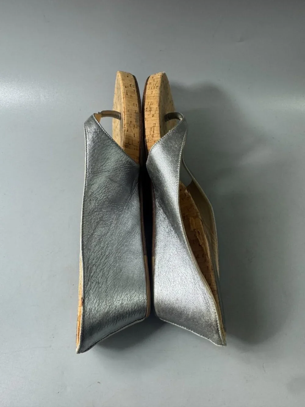 Authentic Christian Louboutin Silver Metallic Leather Cork Wedges, Size 41